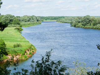 Landscape of a river, forest, sky in summer.
