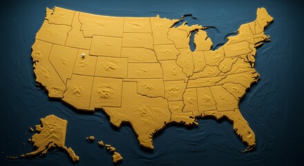 Golden US Map Relief, Textured States, Detailed Geography