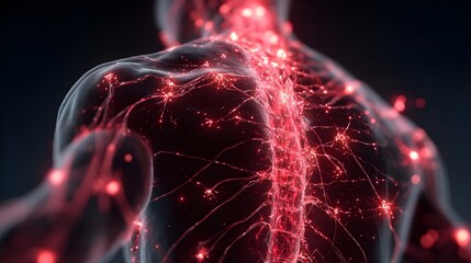 Human body with glowing red pain points on neural pathways illustrating pain or nerve stimulation 