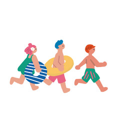 夏を楽しむ人々のイラスト　水着で走る子どもたち