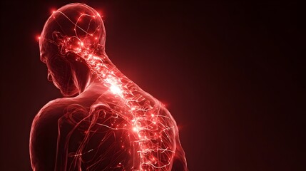 Human body with glowing red pain points on neural pathways illustrating pain or nerve stimulation 
