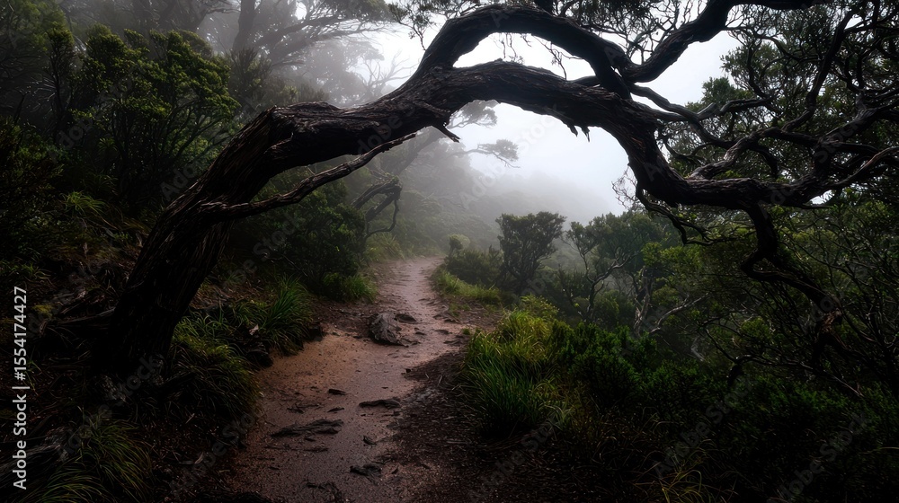 Poster a winding path through a misty forest with low hanging tree branches