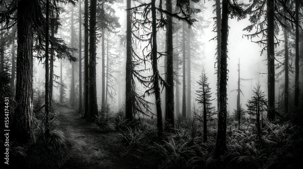 Poster a monochrome forest scene displaying tall trees and atmospheric fog