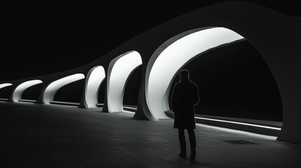 A solitary figure walks through a modern architectural illuminated space