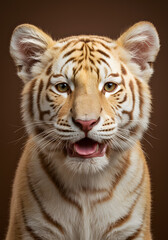 Fototapeta premium Close-Up Portrait of a Tiger Cub with Orange Fur and Black Stripes – Adorable Baby Big Cat on Brown Studio Background