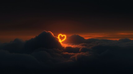 A golden heart shines brightly amidst the dark cloudy sky