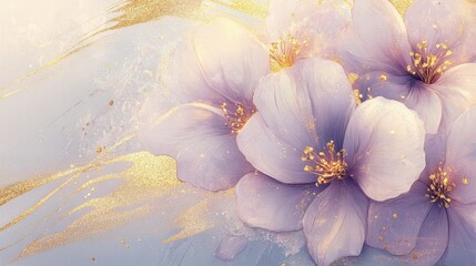 Delicate lavender flowers on a light gray background with gold accents.