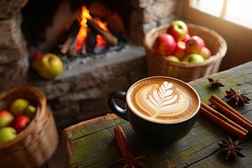 Fototapeta premium Cozy Autumn Vibes Latte Art, Fireplace, and Apples