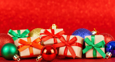 Assorted Christmas Presents and Decorative Ornaments on Shimmering Red Glitter Background Festive Heap of Wrapped Boxes with Colorful Ribbons