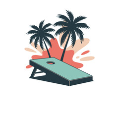 Cornhole board with palm trees illustration, Stylized cornhole board graphic with tropical palm trees and colorful splash, evoking beach vibes and outdoor summer fun.

