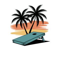 Cornhole board with palm trees illustration, Stylized cornhole board graphic with tropical palm trees and colorful splash, evoking beach vibes and outdoor summer fun.

