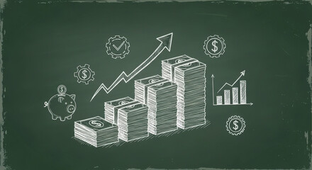 White Chalk Style Business Growth Chart with Financial Icons on Dark Chalkboard Background Depicting Banking Investment and Economic Success