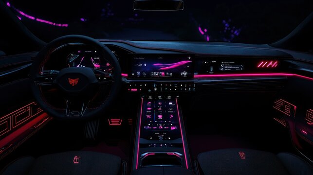 Interior view of a modern automobile with neon lighting accents