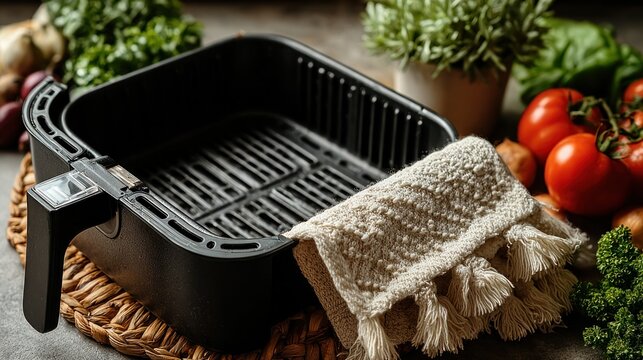 Empty air fryer basket, fresh vegetables