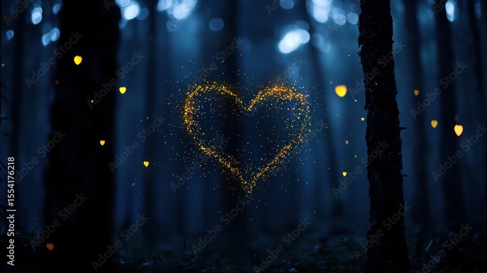 Poster a luminous heart shape floats within a shadowed and magical forest