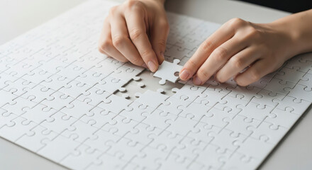 Hands Completing a White Jigsaw Puzzle on a Gray Table in Bright Indoor Light Solving Conceptual Task