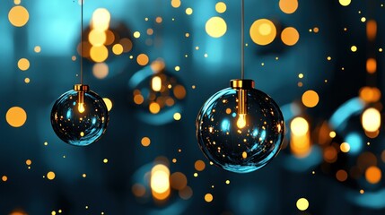 Illuminated glass spheres are hanging with soft and golden background lights