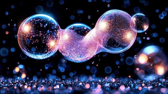 Stunning illuminated sparkling spheres floating against a dark backdrop background - Powered by Adobe