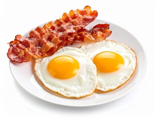 Two sunny-side up eggs and crispy bacon are displayed on a white plate, creating a mouthwate image of a classic breakfast meal against a white background.