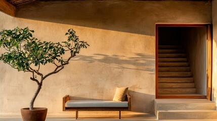 A sunlit outdoor scene featuring a tree and seating