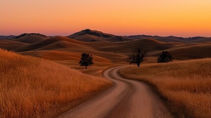 Obraz premium Scenic landscape showing rolling hills and a winding dirt road