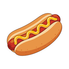 An isolated hot dog with mustard and ketchup in a bun, a fast food snack or meal illustration