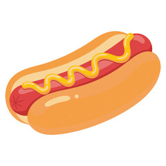 A delicious cartoon vector illustration of a hot dog with mustard, ketchup, and sausage in a bun for a fast-food snack or lunch