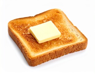 A piece of golden brown toast topped with a square of butter rests on a white surface ready to be enjoyed as a simple breakfast or a tasty snack.