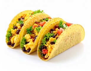 Three delicious tacos filled with scrambled eggs, black beans, tomatoes, and lettuce are perfectly arranged on a bright white surface ready to be enjoyed now.