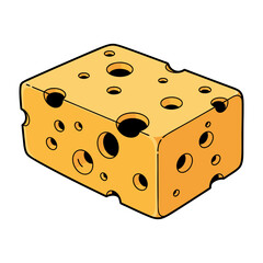 Cartoon slice of yellow swiss cheese with many holes isolated on white background