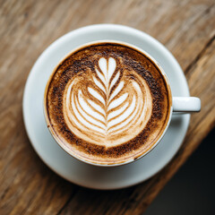 Cappuccino with Latte Art Top View on Wooden Table Flat Lay