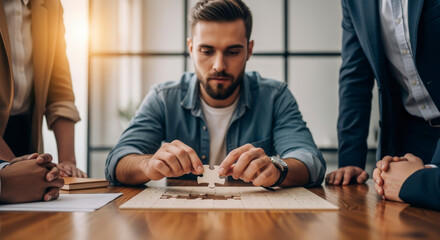Focused Man Completes Jigsaw Puzzle on Wooden Table surrounded by Diverse Business Team in Bright Office Demonstrating Collaboration and Problem Solving