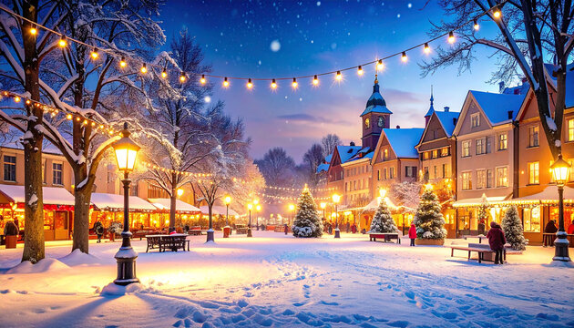 A snow-covered European village square at twilight, adorned with twinkling string lights, illuminated shops, and festive Christmas trees, creating a magical winter scene