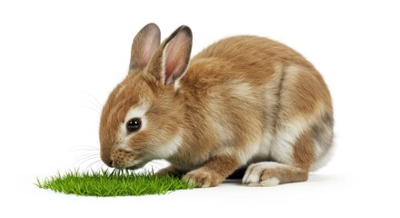 Obraz premium Cute Brown Rabbit Sitting on Green Grass Isolated on White Background