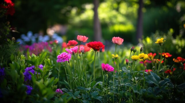 Fototapeta Vibrant and colorful flower garden in natural outdoor surroundings