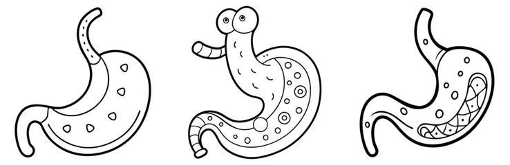 Stomach Organ Vector Set: Digestive System, Anatomy, Ulcer, Health, Medical Line Icon