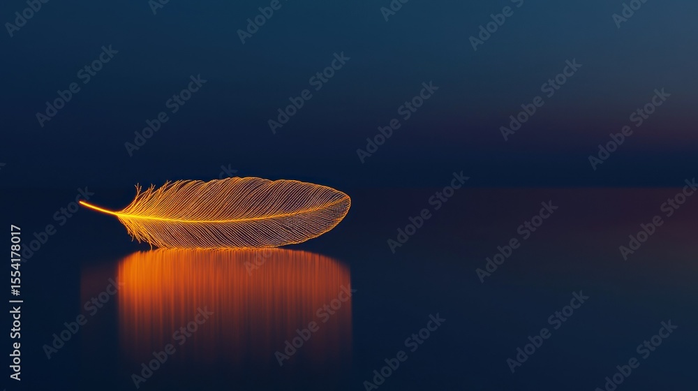 Poster glowing feather resting on a reflective surface with a soft backdrop