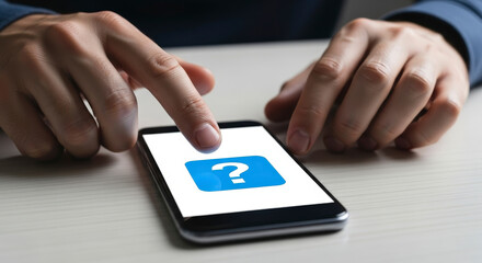 Fingers Touching Phone Screen Displaying Blue Question Mark on Gray Surface in Bright Studio Lighting Mobile App and Problem Solving Concept