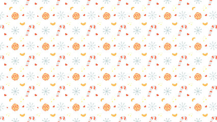 A festive pattern featuring candy canes snowflakes and colorful circles on white background design style
