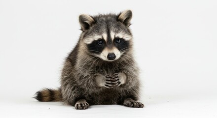 Cute Young Raccoon Sitting on White Background with Curious Expression