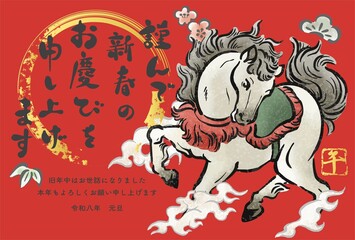 年賀状素材　年賀2026　午　午年　馬　うま　墨絵　筆文字　水墨画　墨絵　日本画　イラスト　素材