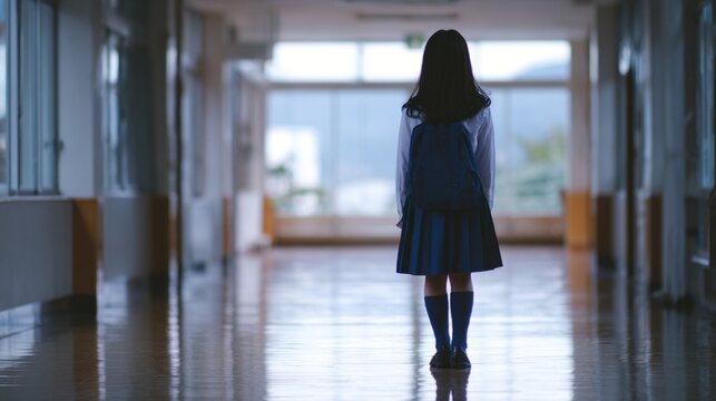 放課後の廊下に佇む女子生徒・静けさ漂う後ろ姿  

