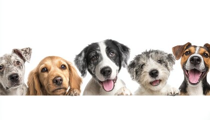 Different Breed of dogs at half below frame isolated on white background , Dog Day concept banner