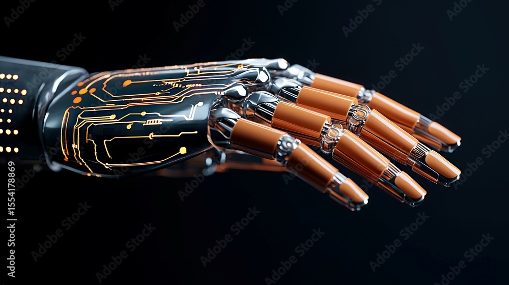Poster futuristic robot arm featuring complex circuitry and mechanical components
