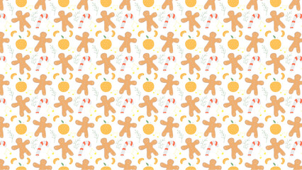 A pattern of gingerbread men oranges candy canes and small green sprigs on a white background repeating pattern