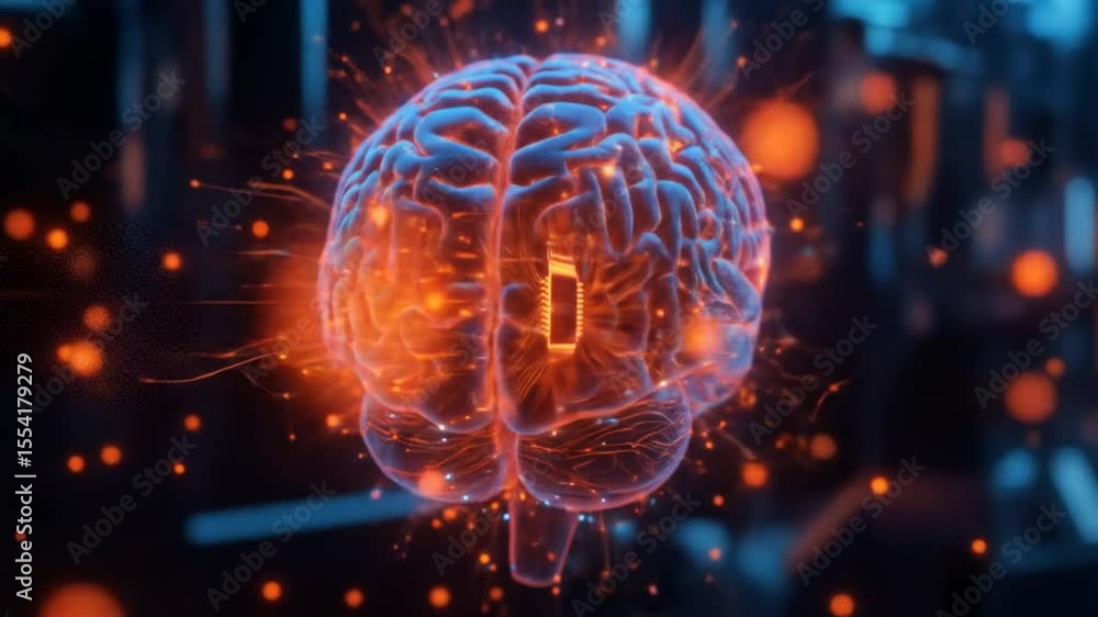 Poster futuristic brain with chip implants and neural network connections concept video