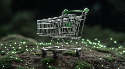 Empty shopping cart on mossy rocks, glowing lights