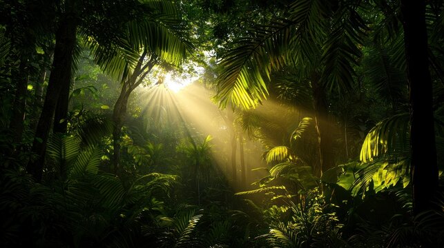 Sunlight Streams Through Lush Greenery Within a Tropical Forest Scene
