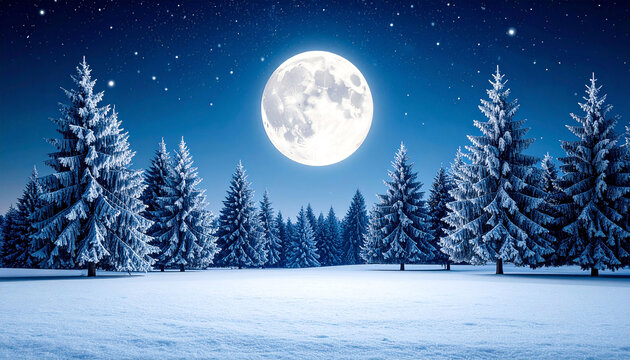 Full moon illuminating a snow-covered evergreen forest at night, stars visible in the dark blue sky