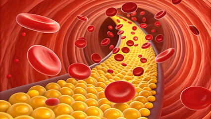 Image depicts detailed view of blood vessels showcasing red blood cells and fatty deposits, emphasizing medical theme related to cardiovascular